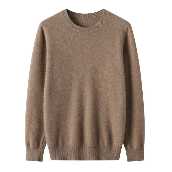 A plain, long-sleeved, light brown pure wool crewneck sweater with ribbed cuffs, hem, and collar, showcasing fine wool craftsmanship and displayed on a white background.