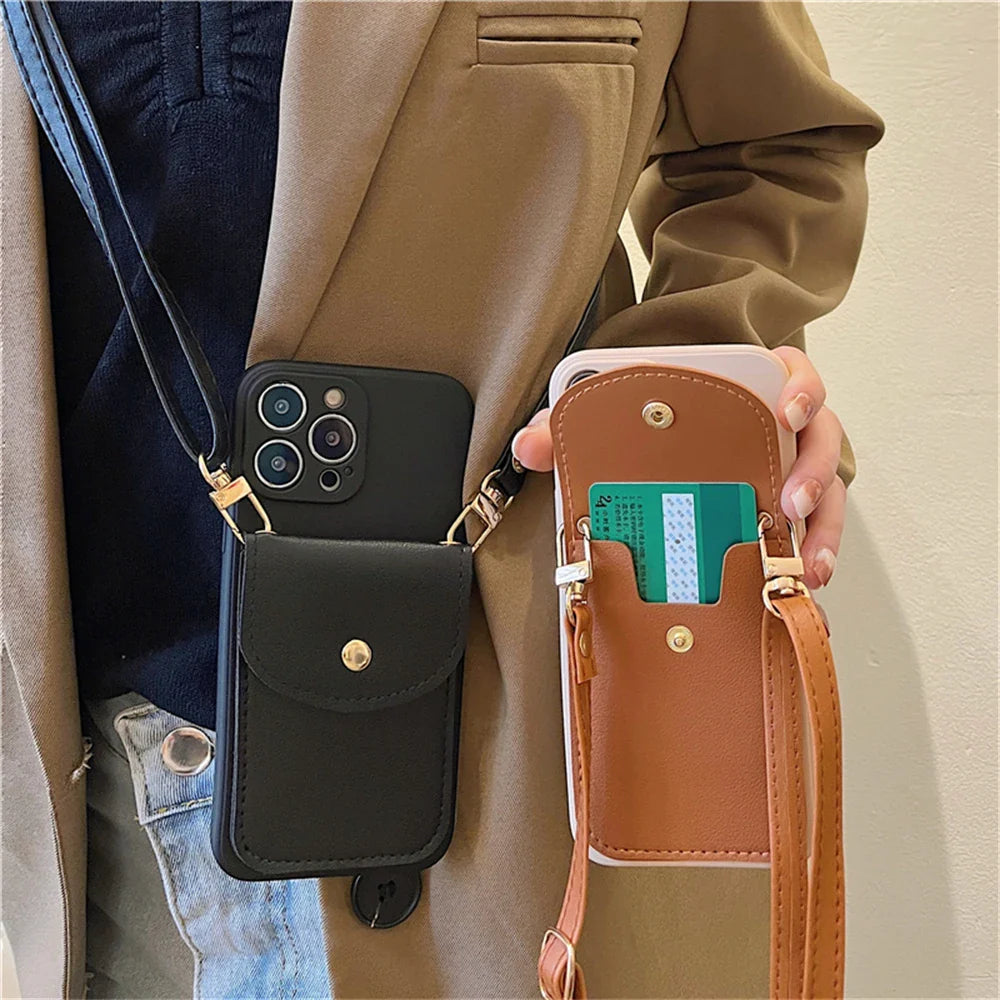 A person holding a phone case wallet with a secure cardholder.