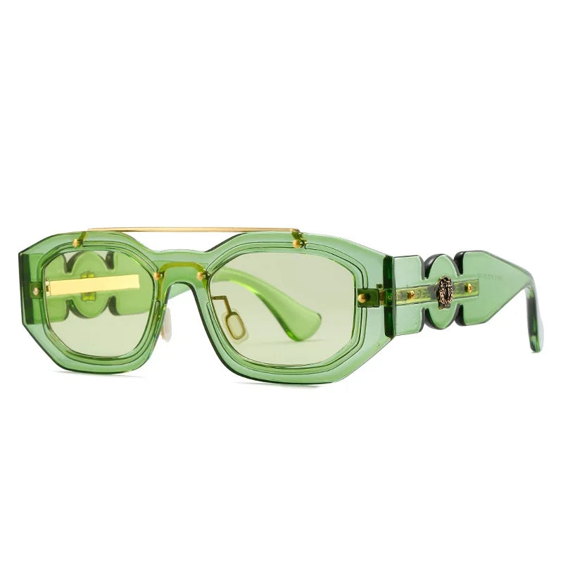 Green, geometric sunglasses with thick, translucent frames and light green, scratch-resistant lenses. The arms feature circular decorations with gold accents and an emblem detail. Enjoy bold, modern style plus scratch-resistant lenses for lasting beauty.