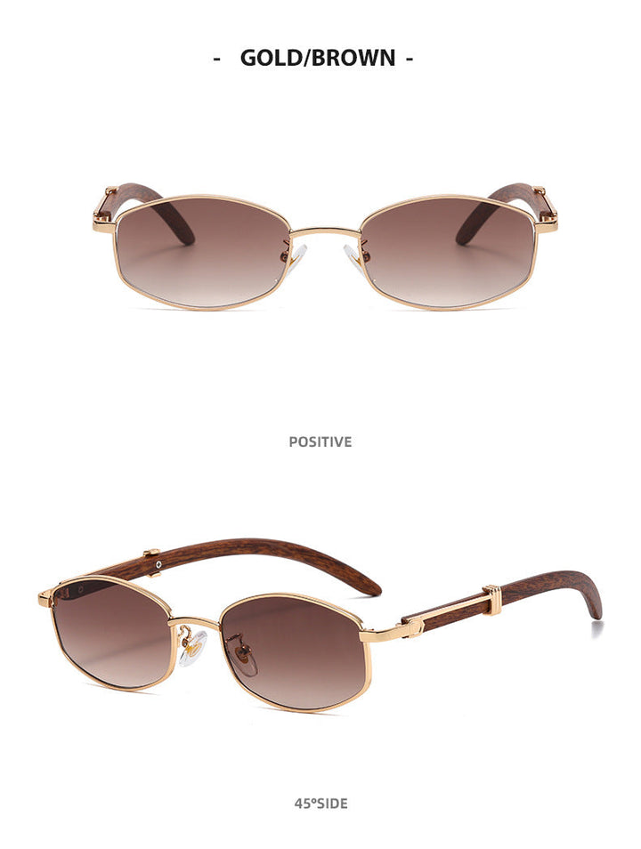 Gold-tone frames and brown gradient lenses create these vintage-inspired sunglasses, featuring brown temples and offering UV400 protection. Shown from the front and at a 45-degree angle.