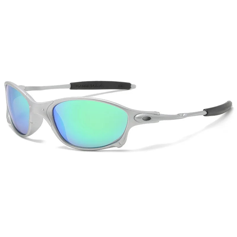 A pair of silver-framed cycling sunglasses with green and blue mirrored lenses, rectangular frame, and black rubberized tips on the arms, offering essential UV400 protection.