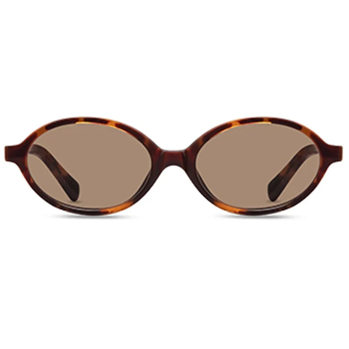 Brown tortoiseshell retro oval sunglasses with a lightweight acetate frame and dark tinted lenses, offering UV400 protection. Shown facing forward on a white background.