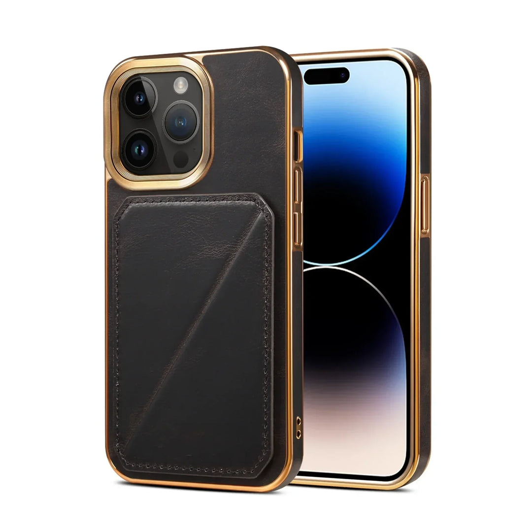A smartphone with a gold-trimmed black cowhide iPhone case featuring a cardholder on the back. The phone’s screen is turned on, displaying a blue and black gradient wallpaper.