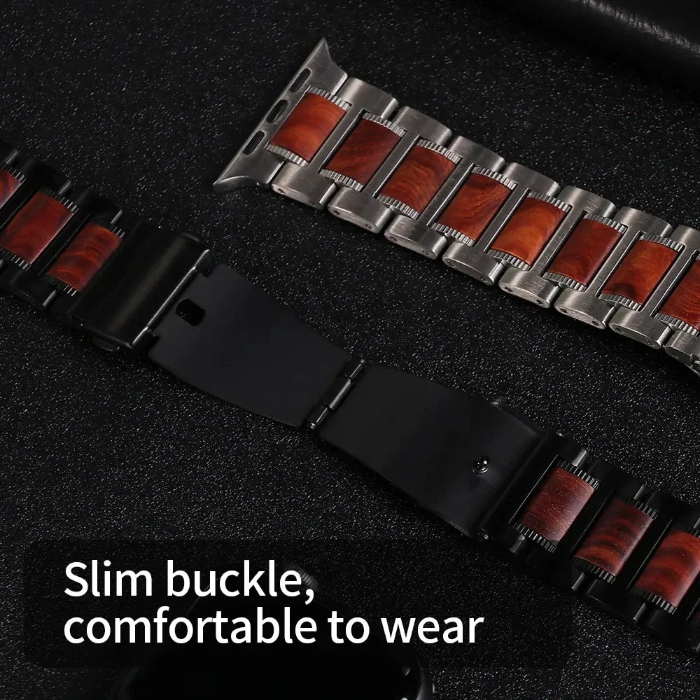 A close-up of a stylish Sandalwood watch band with metal and reddish-brown wood links, featuring a slim black buckle. The text on the image says, Slim buckle, comfortable to wear.