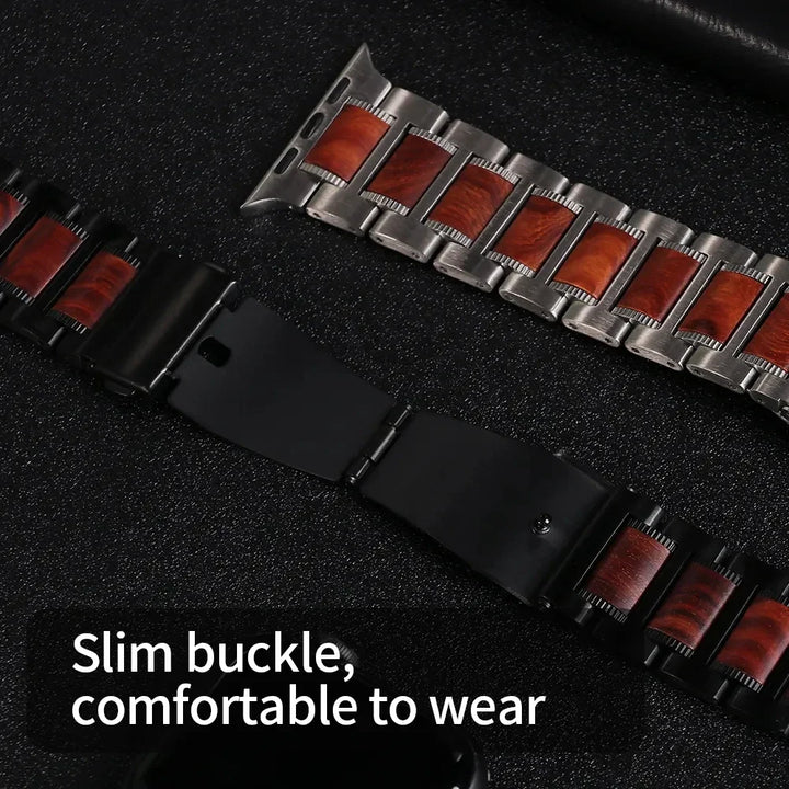 A close-up of a stylish Sandalwood watch band with metal and reddish-brown wood links, featuring a slim black buckle. The text on the image says, Slim buckle, comfortable to wear.