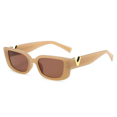 Beige rectangular designer sunglasses with brown lenses and thick arms, featuring geometric frames and a gold V detail near the hinges. Offers UV400 protection for optimal eye safety.