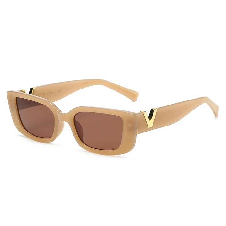 Beige rectangular designer sunglasses with brown lenses and thick arms, featuring geometric frames and a gold V detail near the hinges. Offers UV400 protection for optimal eye safety.
