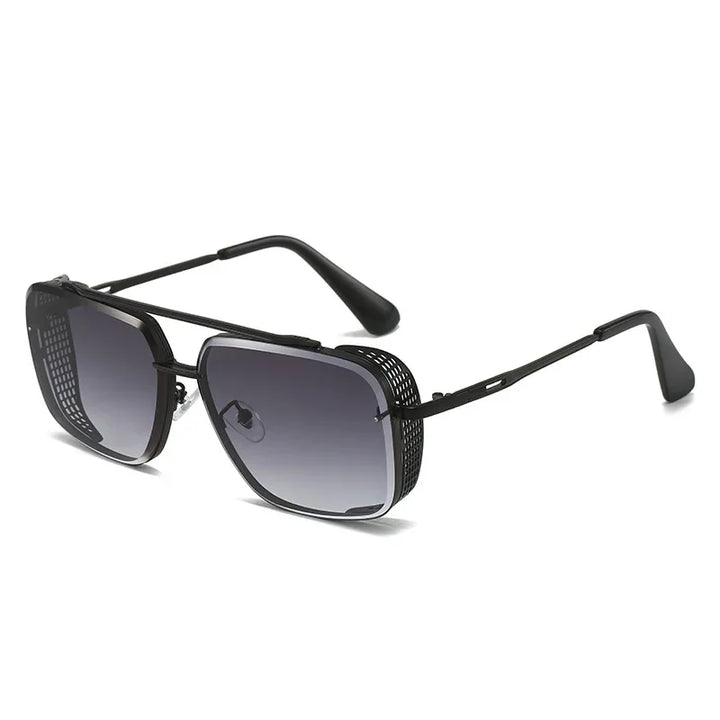 A pair of black, square-framed limited-edition sunglasses with dark gradient lenses, side shields, and exceptional UV protection, shown at an angle on a white background.