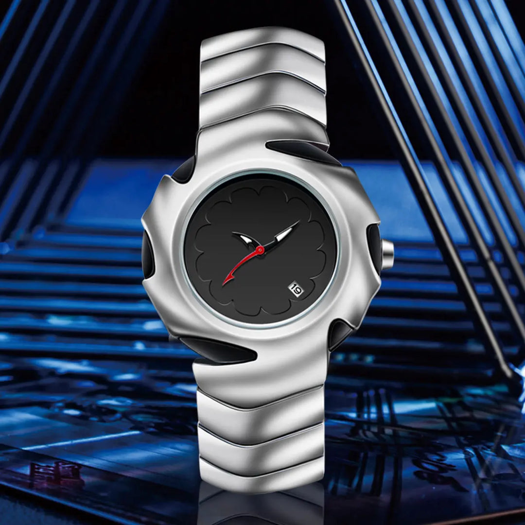A futuristic silver stainless steel watch with a wavy, sculpted band and a black dial featuring silver hour markers, a red second hand, and a date window, displayed against a geometric blue and black background.