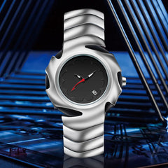 A futuristic silver stainless steel watch with a wavy, sculpted band and a black dial featuring silver hour markers, a red second hand, and a date window, displayed against a geometric blue and black background.