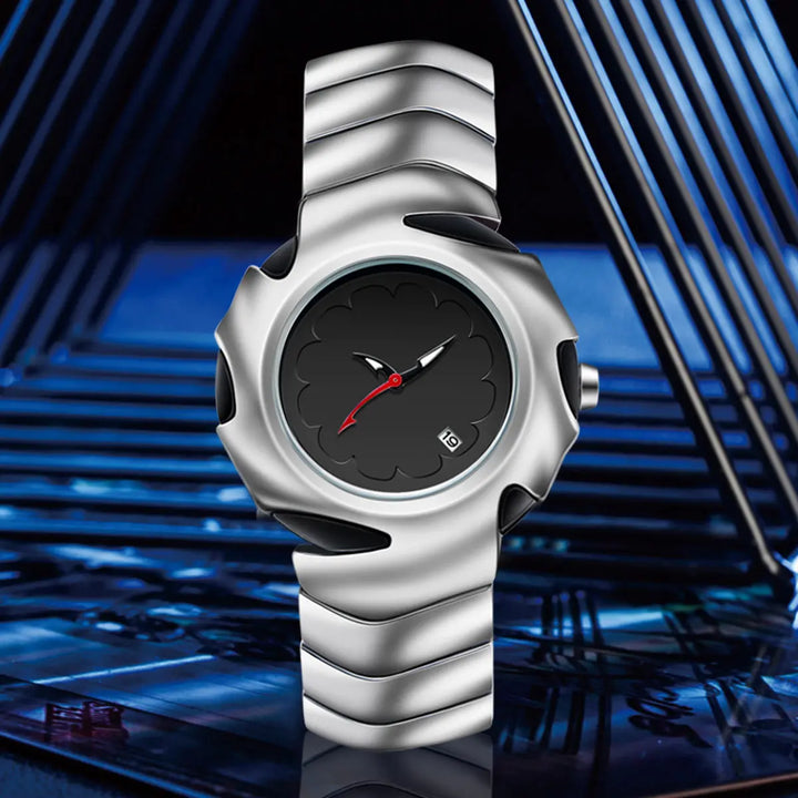A futuristic silver stainless steel watch with a wavy, sculpted band and a black dial featuring silver hour markers, a red second hand, and a date window, displayed against a geometric blue and black background.