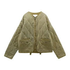 A light brown quilted bomber jacket with padded insulation, featuring a front zipper, two front pockets, and a round collar, displayed on a white background.