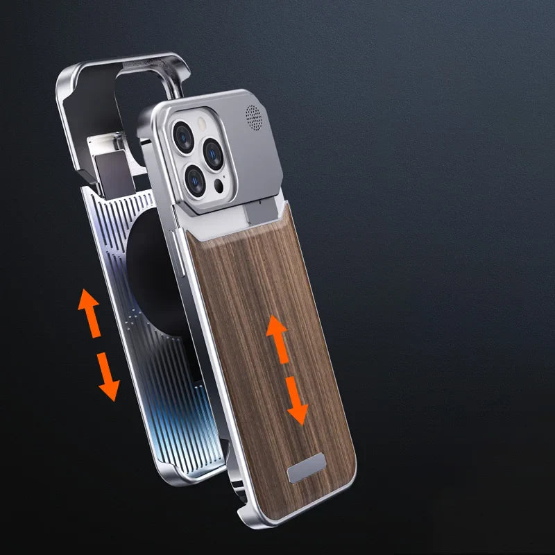 A stylish phone case with a wood and metal design is shown partially open, revealing its interior and sliding mechanism with orange arrows indicating upward and downward movement.