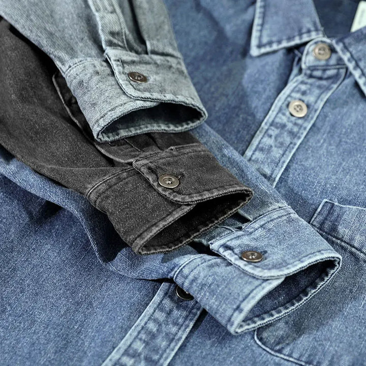 Close-up of three denim shirts—washed denim and natural cotton— in light blue, dark blue, and black, showcasing their collars, buttons, and cuffs neatly overlapping each other.