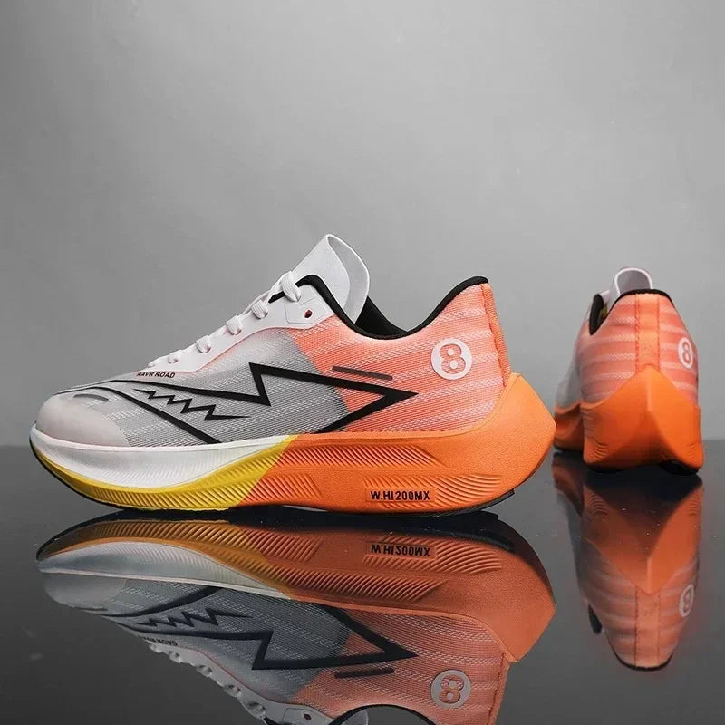 A pair of modern running shoes with gradient orange, yellow, and white coloring, black zigzag side design, number 8 on the heel, lightweight construction, and reflective details, displayed on a shiny surface against a gray background.