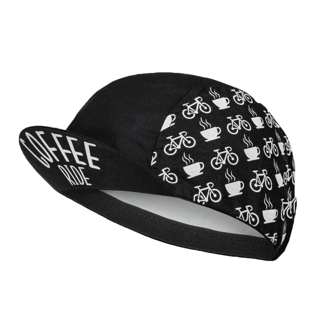 A black cycling cap with white bicycle and steaming coffee cup patterns offers quick-drying comfort. The underside of the brim features COFFEE RIDE in bold white letters, making it perfect for sun protection on your next ride.