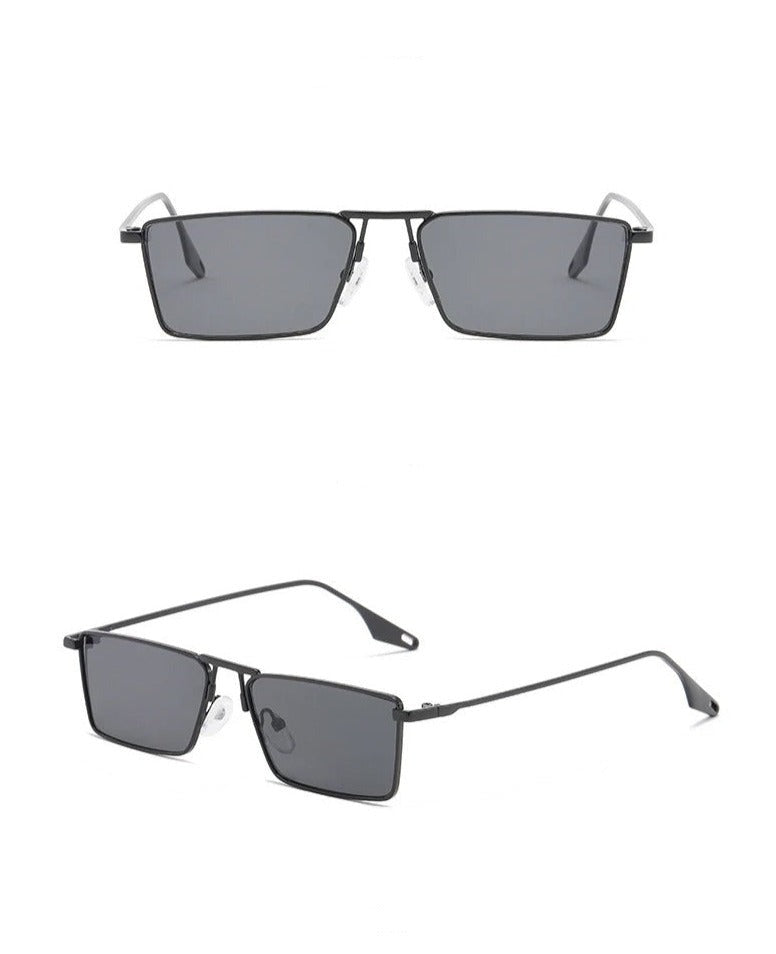 Two views of Avalon Sunglasses with rectangular lenses: one shows the front, and the other displays a side angle, highlighting the thin gold frames and straight arms.
