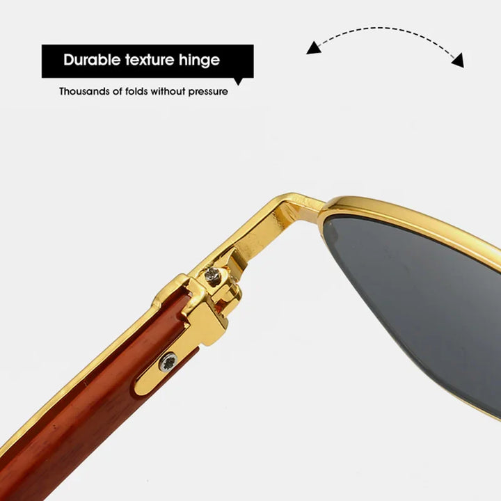 Close-up of a gold and brown sunglasses hinge, showing its durable construction. Text above highlights Square retro sunglasses with thousands of folds without pressure and UV protection. Arrow indicates hinge movement.