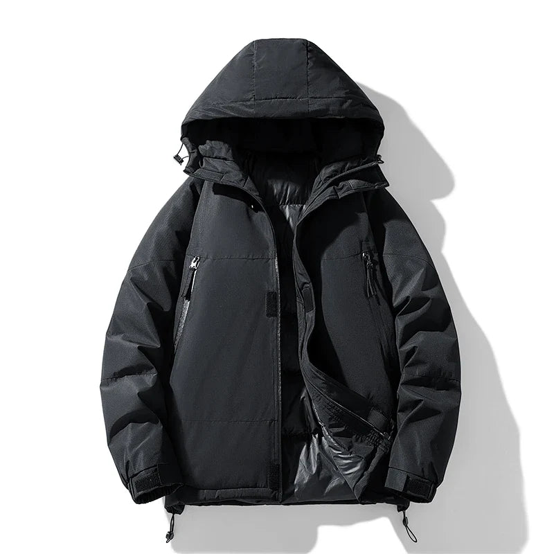 A black insulated puffer jacket with a detachable hood, front zipper, and side pockets, displayed against a white background with its front partially unzipped to show the inner lining.