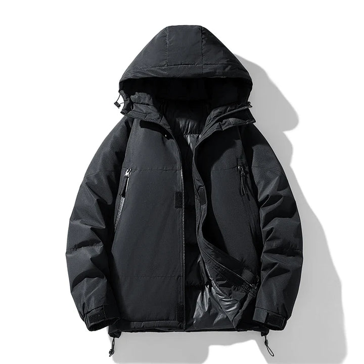 A black insulated puffer jacket with a detachable hood, front zipper, and side pockets, displayed against a white background with its front partially unzipped to show the inner lining.