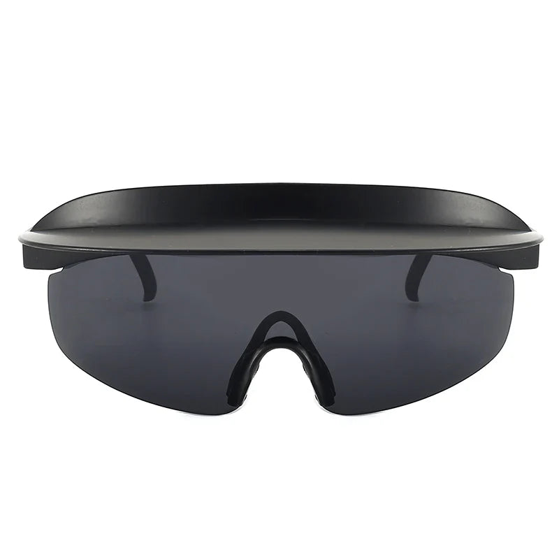 Black futuristic sunglasses with a wide, flat top shield and dark tinted single-lens visor featuring UV400 protection, viewed from the front against a white background.