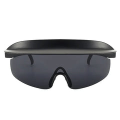 Black futuristic sunglasses with a wide, flat top shield and dark tinted single-lens visor featuring UV400 protection, viewed from the front against a white background.