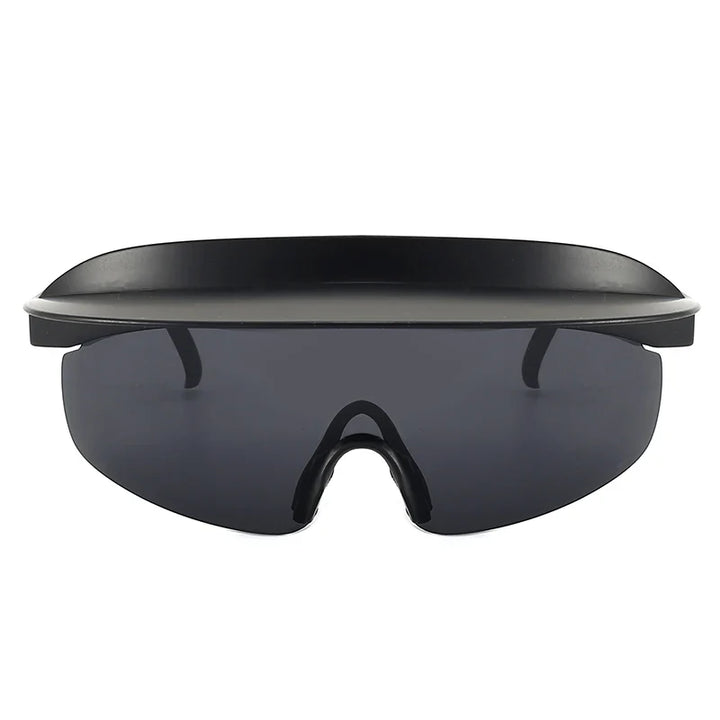 Black futuristic sunglasses with a wide, flat top shield and dark tinted single-lens visor featuring UV400 protection, viewed from the front against a white background.