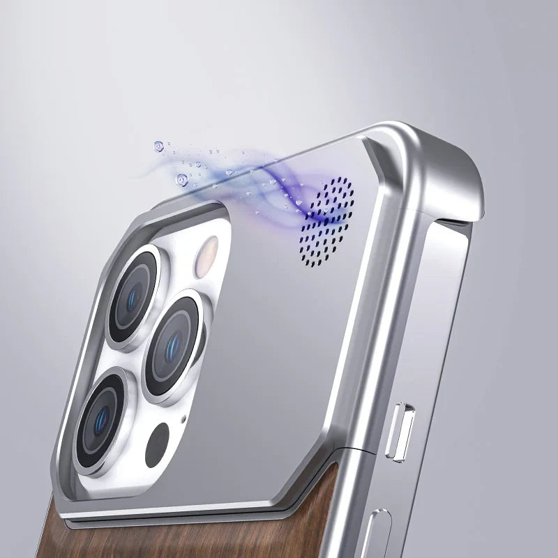 A close-up of a stylish smartphone with a metallic frame and luxury phone case in wood, featuring triple rear cameras. Blue vapor-like graphics emerge from a small speaker grille on the top corner.
