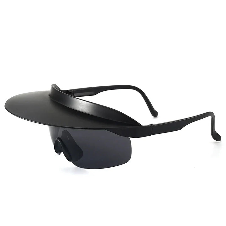Black sunglasses with an attached wide, circular brim that extends outward, resembling a combination of a visor and sunglasses. The sleek frame features adaptive design and offers UV400 protection for stylish, modern sun defense.