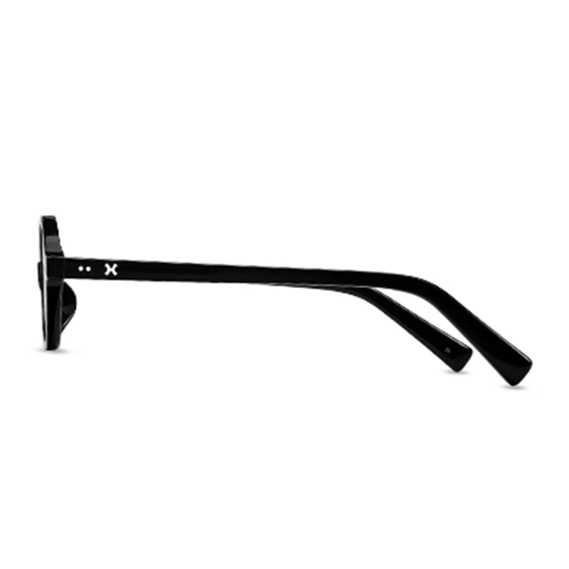 A pair of black eyeglasses shown from the side, featuring a lightweight acetate frame and a simple design with a small white X symbol on the temple.