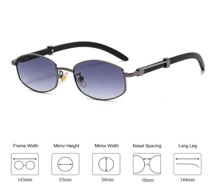 Rectangular, vintage-inspired sunglasses with dark gradient lenses and black arms offer UV400 protection. Displayed on white, a diagram details dimensions: frame width 143mm, mirror height 53mm, mirror width 34mm, nasal spacing 18mm, leg 144mm.