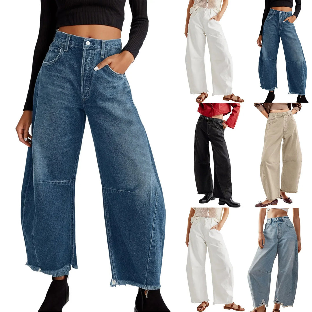 A person wearing high waist, wide-leg jeans with a raw hem stands with hands in pockets. On the right, six additional images display the relaxed fit summer jean in various colors and styling options.