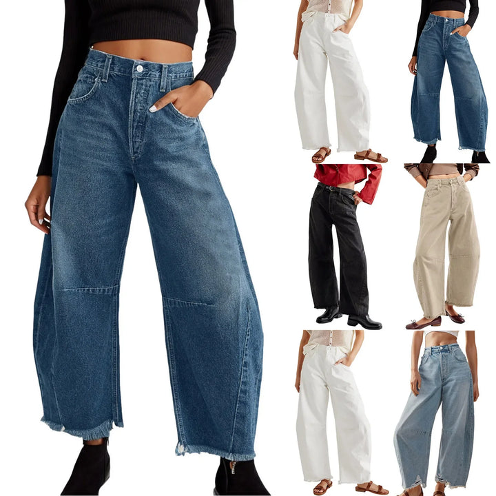 A person wearing high waist, wide-leg jeans with a raw hem stands with hands in pockets. On the right, six additional images display the relaxed fit summer jean in various colors and styling options.