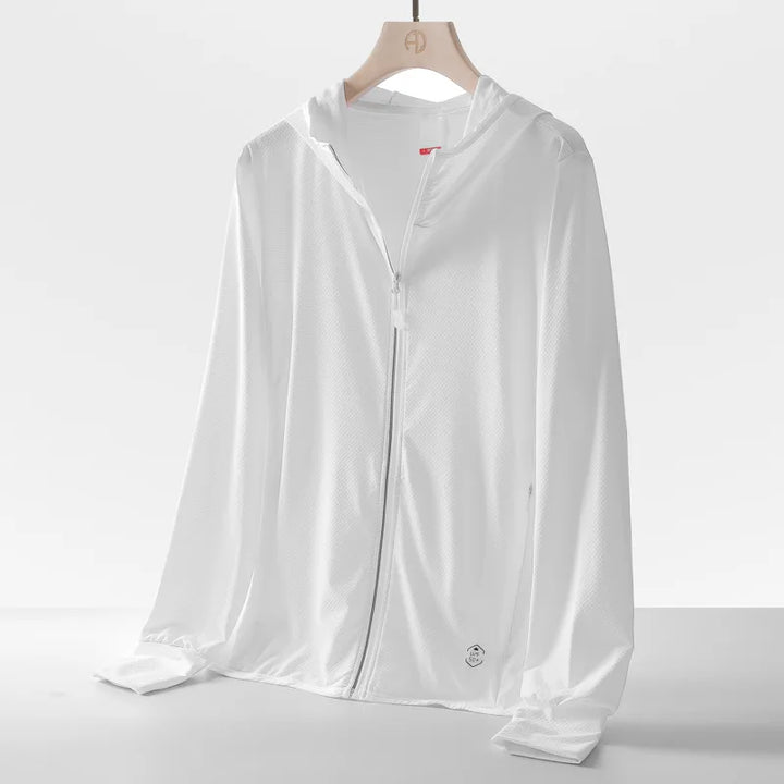 A lightweight, white zip-up hooded jacket hangs on a wooden hanger against a plain white background. Made with quick-drying fabric, this jacket features long sleeves and a subtle textured pattern for added sun protection.