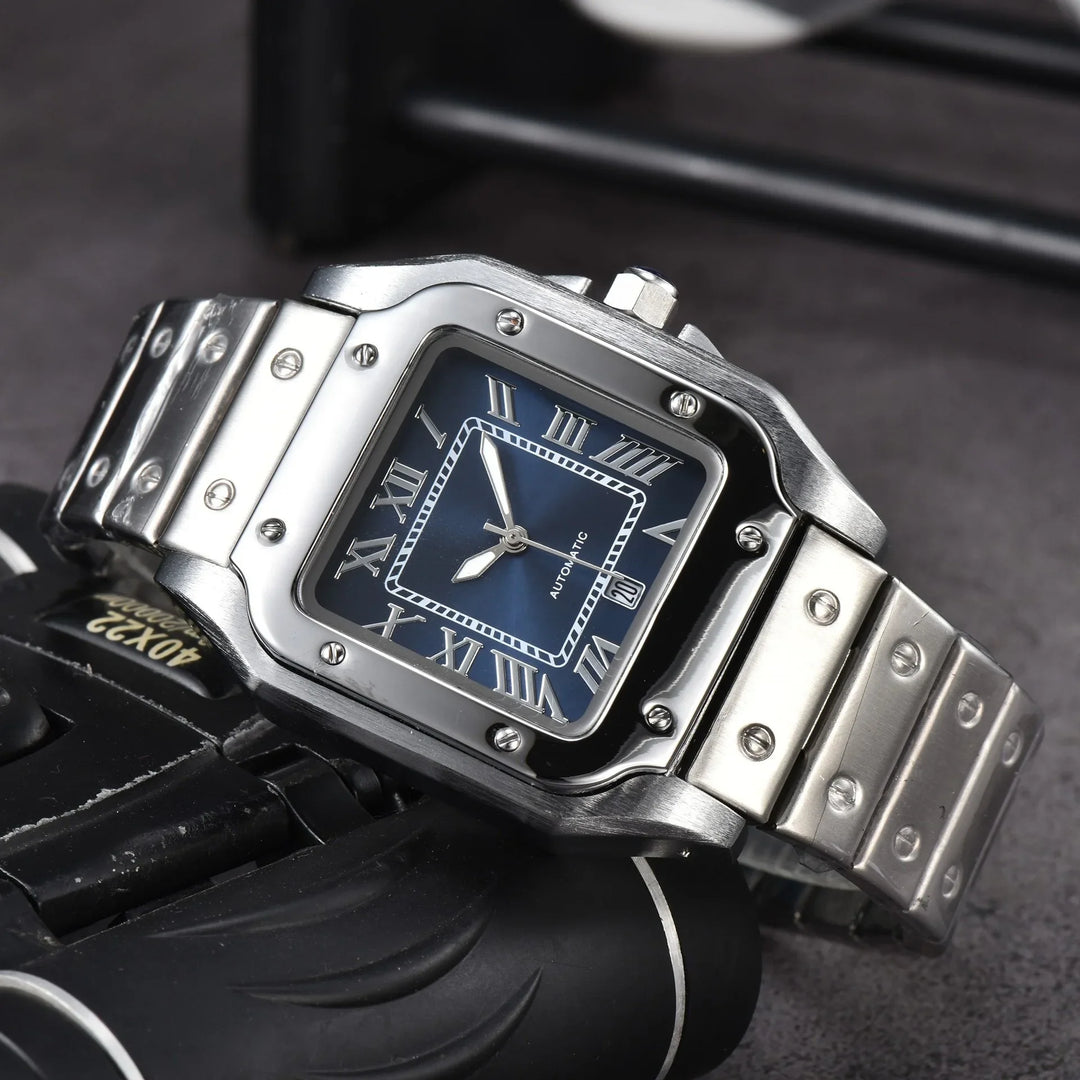 A silver wristwatch with a square face, Roman numeral markers, and a metal band is displayed on a black surface. Featuring visible screws around the bezel and a dark blue dial, it showcases Swiss Craftsmanship and durable sapphire crystal glass.