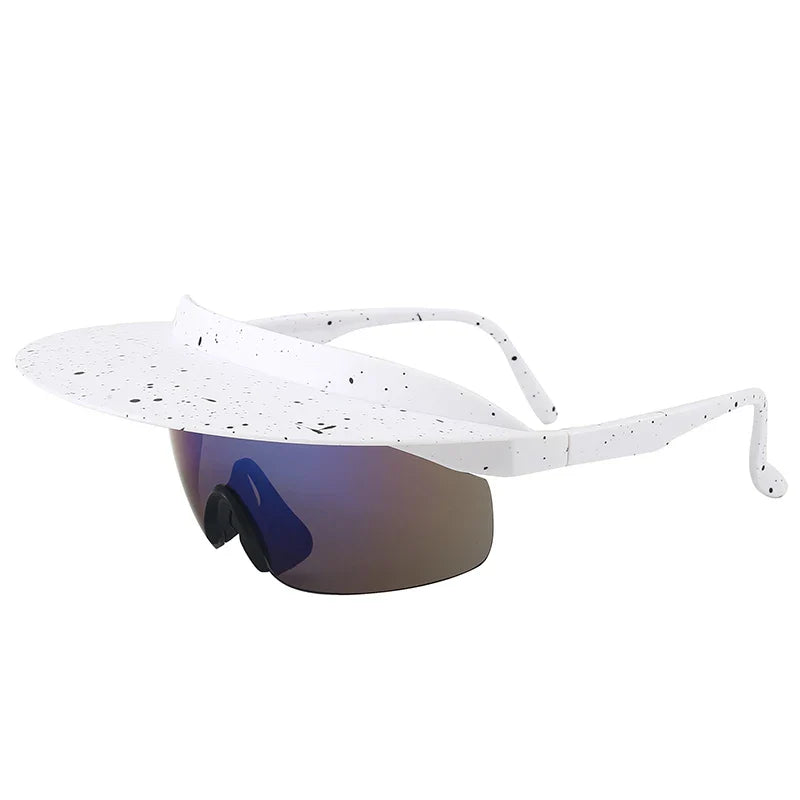 A pair of futuristic sunglasses with a large, flat, white visor featuring black speckles and attached wraparound mirrored lenses. The bold, modern design combines adaptive design with UV400 protection for full sun coverage.