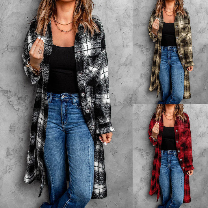 A woman models a long plaid button-down shirt in three colors—perfect for layering over a black top and blue jeans—against a gray textured wall.
