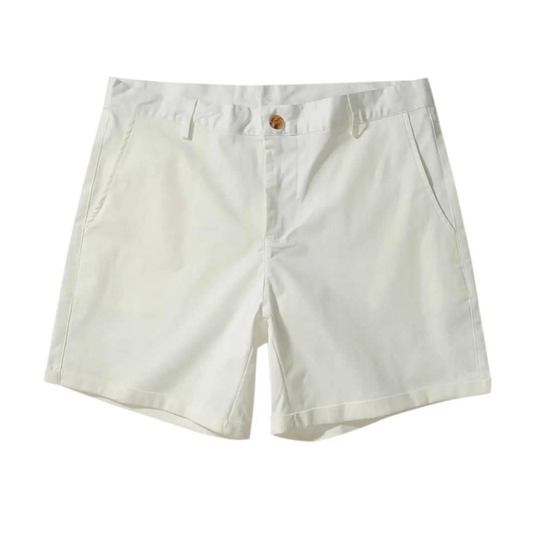 A pair of plain white shorts with a tailored fit, side pockets, belt loops, and a button closure, displayed against a white background.
