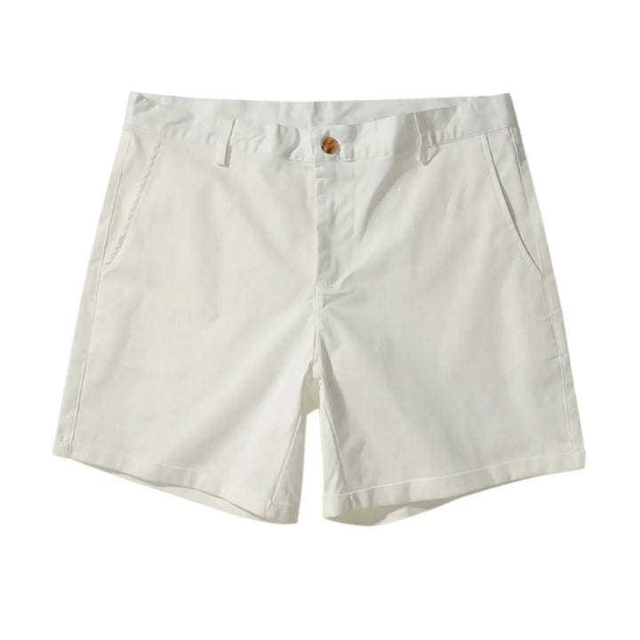 A pair of plain white shorts with a tailored fit, side pockets, belt loops, and a button closure, displayed against a white background.