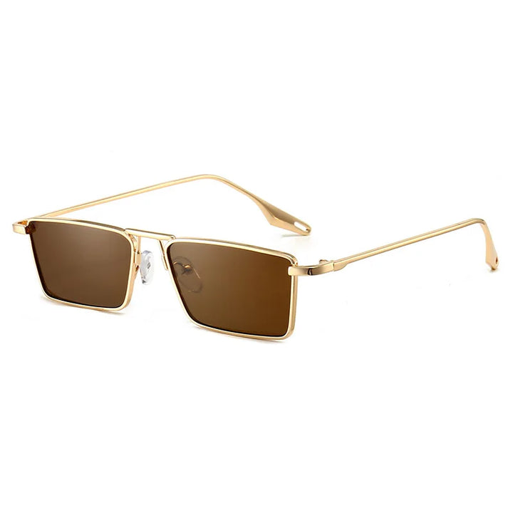Avalon Sunglasses feature rectangular lenses with brown tint, set in thin gold frames and temples. Clear nose pads complete the stylish, minimalist design for a modern look.