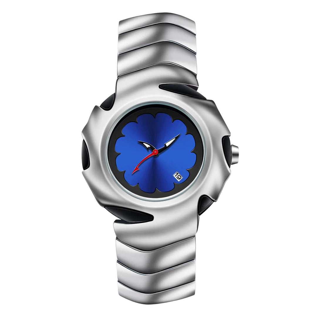 A modern, water-resistant stainless steel watch with a silver, wave-patterned metal band and a blue flower-shaped face. White hour and minute hands, a red second hand, and a small date window sit near the 4 o’clock position.