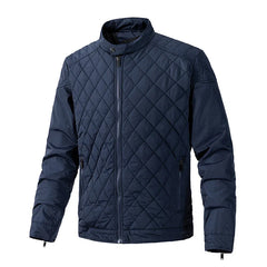 A navy blue slim-fit jacket with a front zipper, two zippered side pockets, and a short standing collar. The jacket features cotton insulation, a diamond-stitched pattern on the front, and a smooth finish on the sleeves.