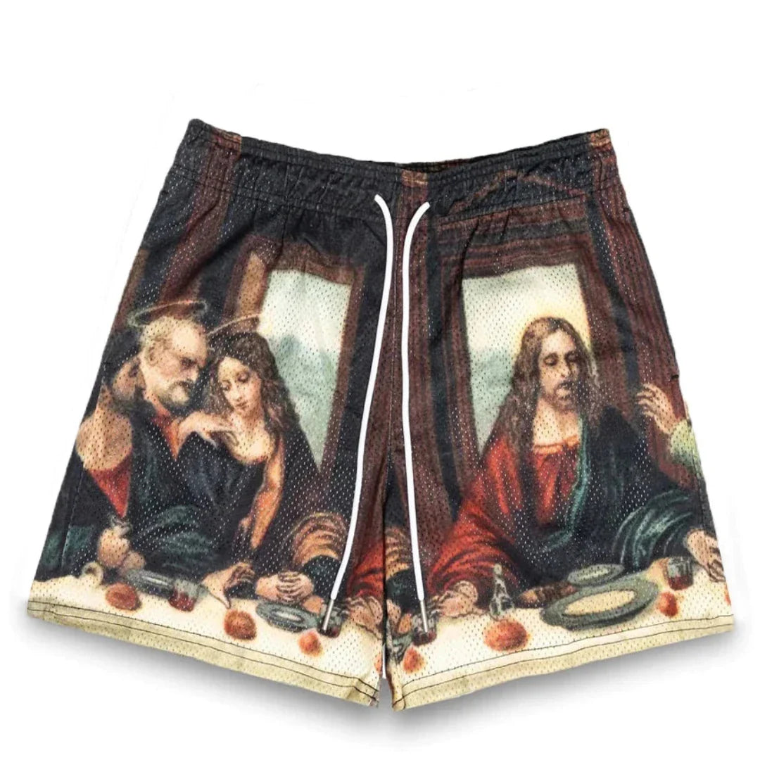 A pair of Last Supper graphic shorts featuring Leonardo da Vinci’s iconic scene, printed across breathable mesh fabric. The design includes an elastic waistband with white drawstrings, and the pattern covers the entire garment.