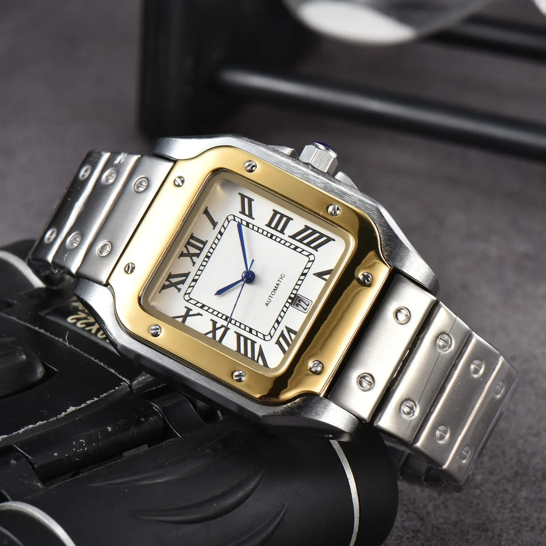 A luxury wristwatch with a silver metal band, gold bezel, and square white dial featuring black Roman numerals and a blue hand, showcases Swiss Craftsmanship and sapphire crystal glass, displayed on a dark surface.