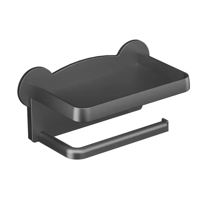 Black wall-mounted toilet paper holder with a flat, moisture-resistant, multi-functional shelf on top and a subtle bear-ear design on the back.