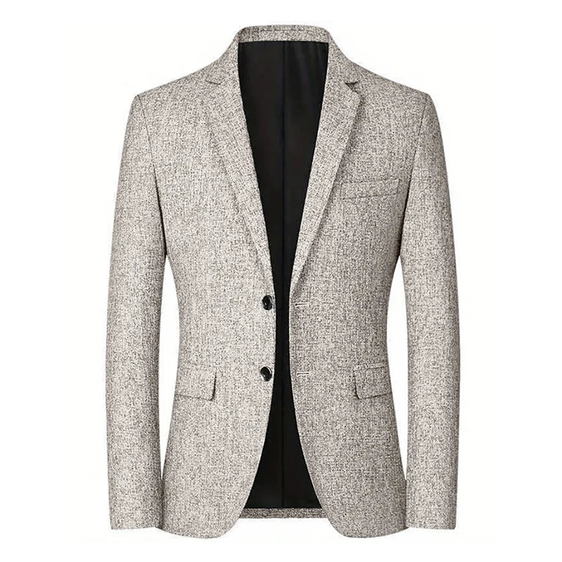 A light grey textured blazer with a tapered fit, two buttons, two front pockets, and a chest pocket, displayed on a plain white background. The blazer is open, revealing a black inner lining.