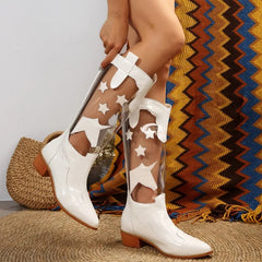 Person wearing clear panel boots with white stars and shapes, featuring white toes, heels, and light brown soles. Background includes a woven basket and a colorful zigzag patterned rug.