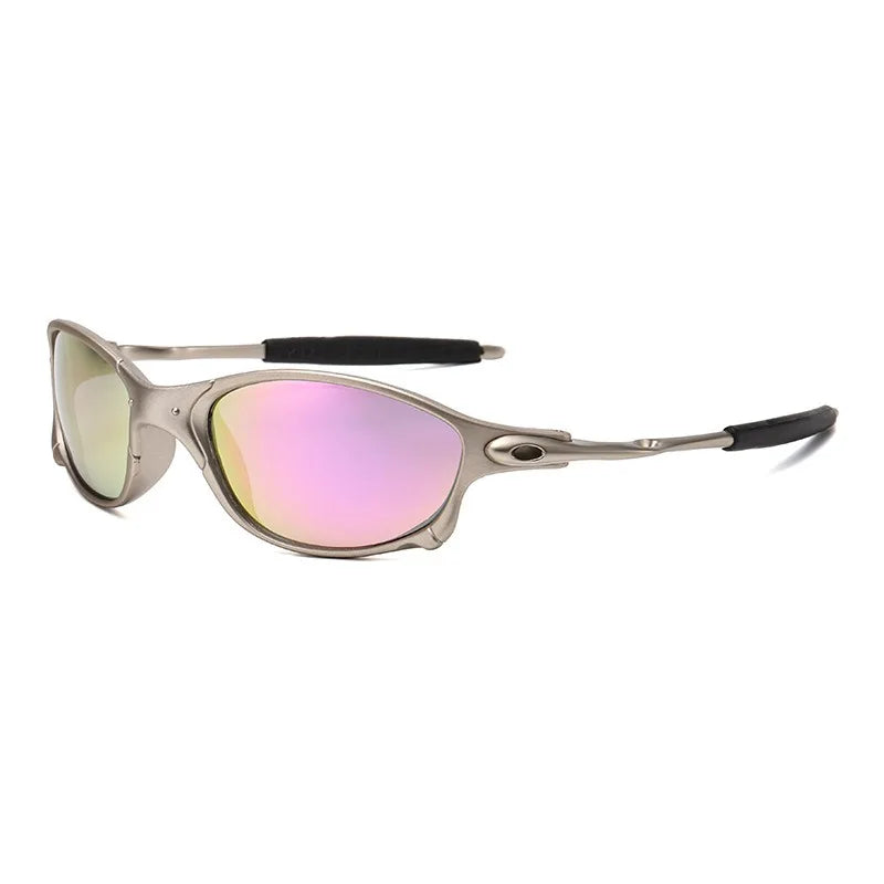 Metallic cycling sunglasses with an oval frame, pink-tinted mirrored lenses, UV400 protection, and black rubber grips on the temple arms, shown on a white background.