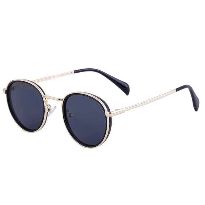Round sunglasses with dark, scratch resistant lenses and thin gold metal frames, featuring black plastic tips on the arms, provide UV400 protection. Displayed on a white background.