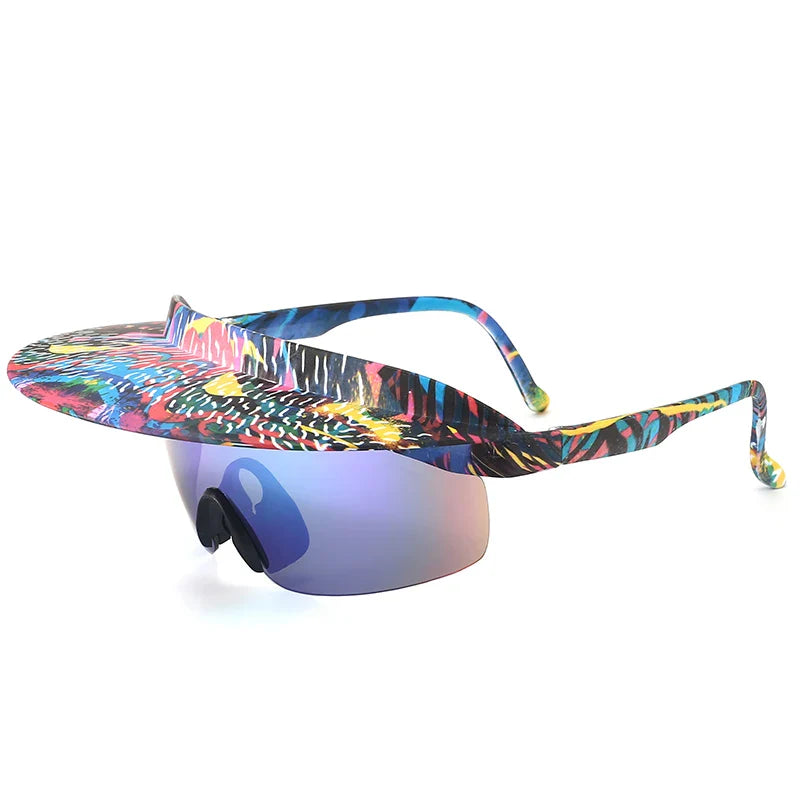 Colorful sunglasses with an attached wide, flat brim featuring a vibrant, multicolored abstract pattern; the blue-tinted mirrored lenses offer UV400 protection for stylish, reliable sun defense.
